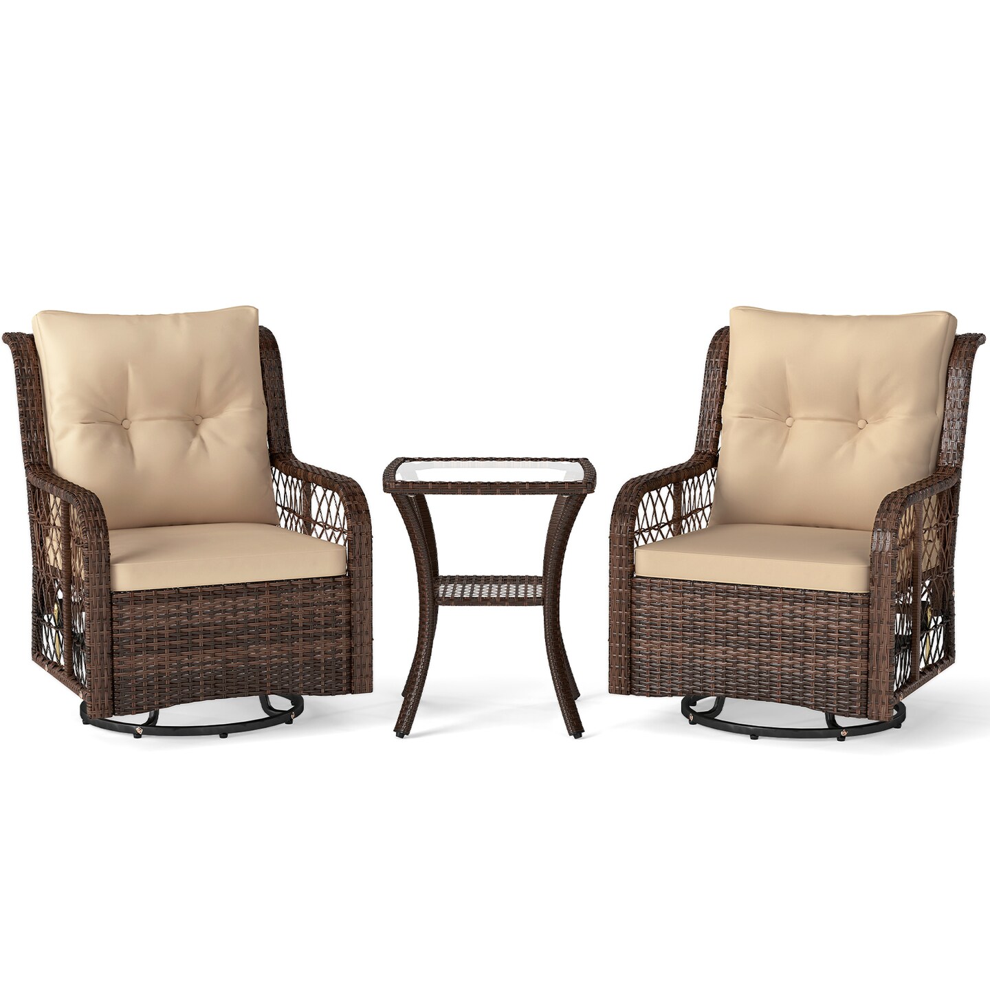 Mix Brown Rattan 3-Piece Patio Set, Swivel Rocking Chairs and Glass Side Table