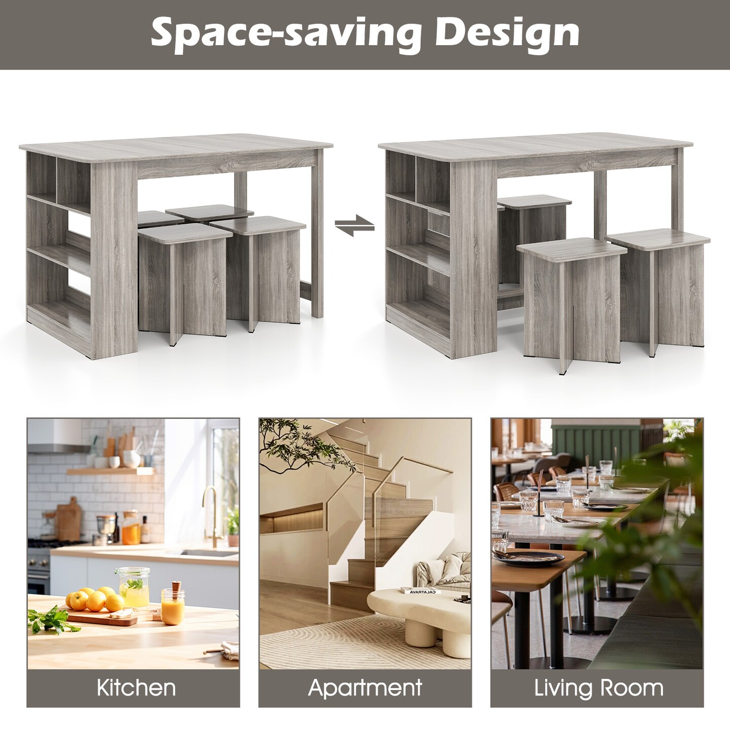5-Piece Dining Set with Stools and Storage Shelf for Small Spaces