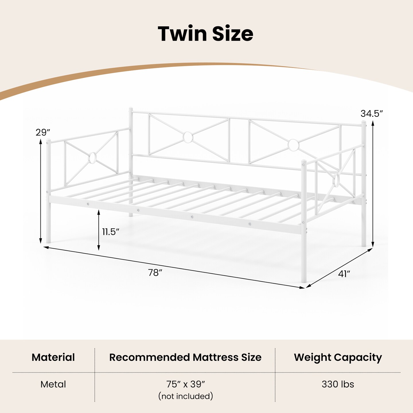 White Metal Twin Size Daybed Frame with Steel Construction Under-bed Storage and Victorian Style Design