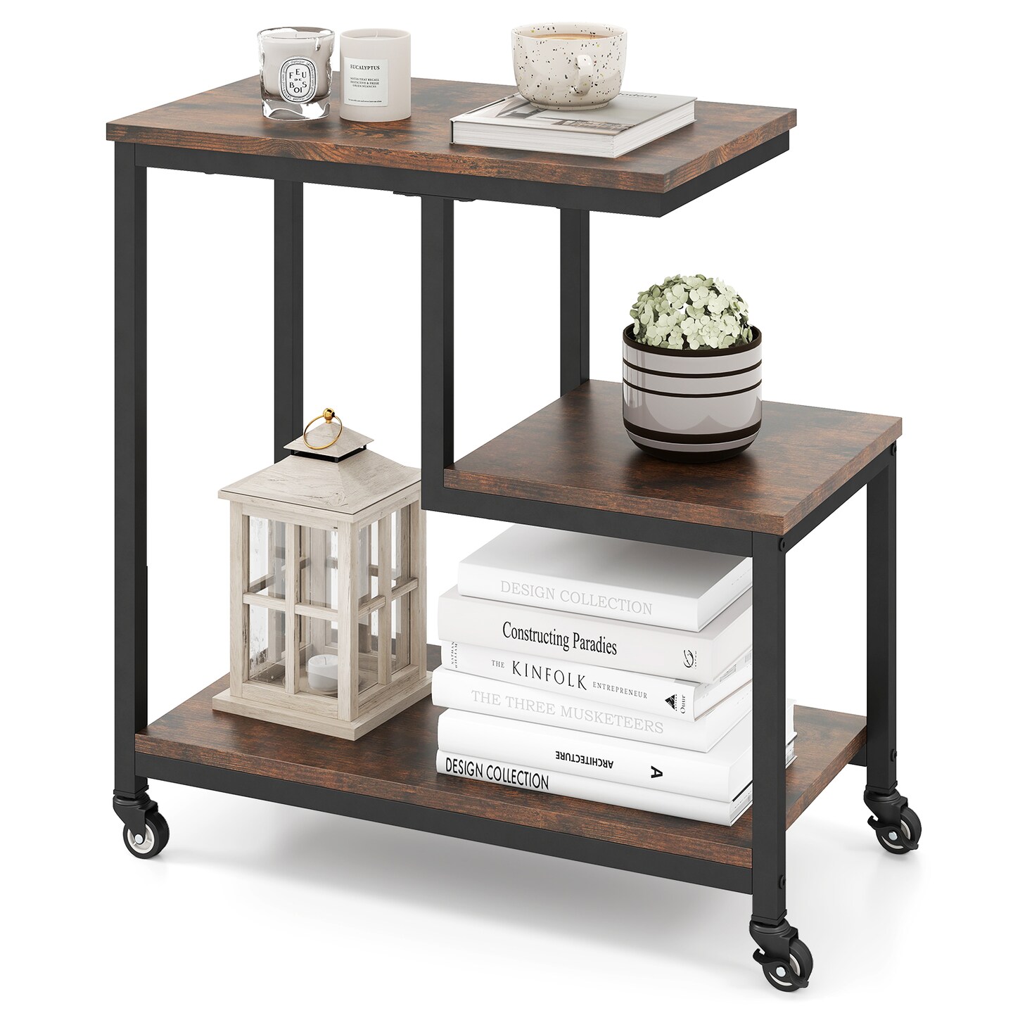 3-Tier G-Shaped End Table with Open Shelves and Mobile Casters for Home Use