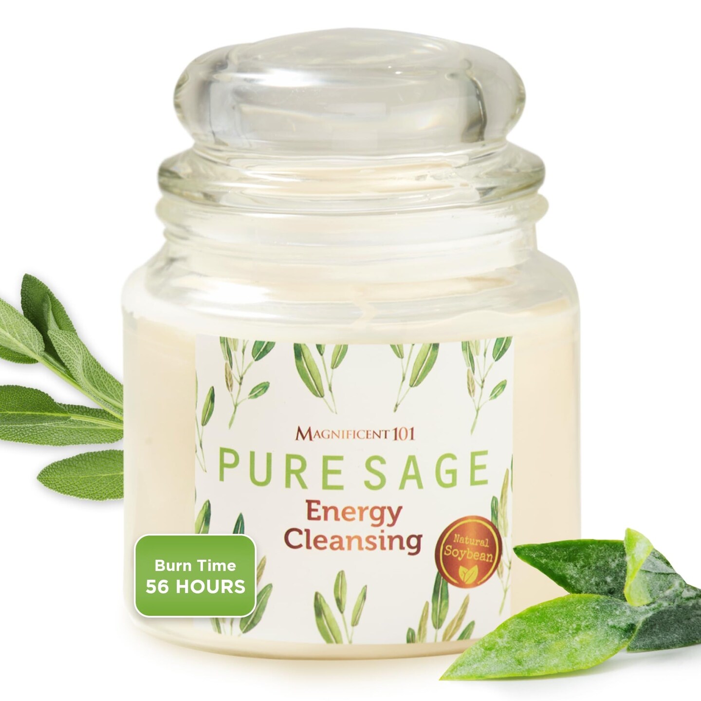 Magnificent 101 Pure Sage Energy Cleansing Aromatherapy Glass Candle for Meditation, Manifestation, and Intention-Setting - 14.5 oz with Lid, Natural Soy Wax and Essential Oil | 56-Hour Burn Time