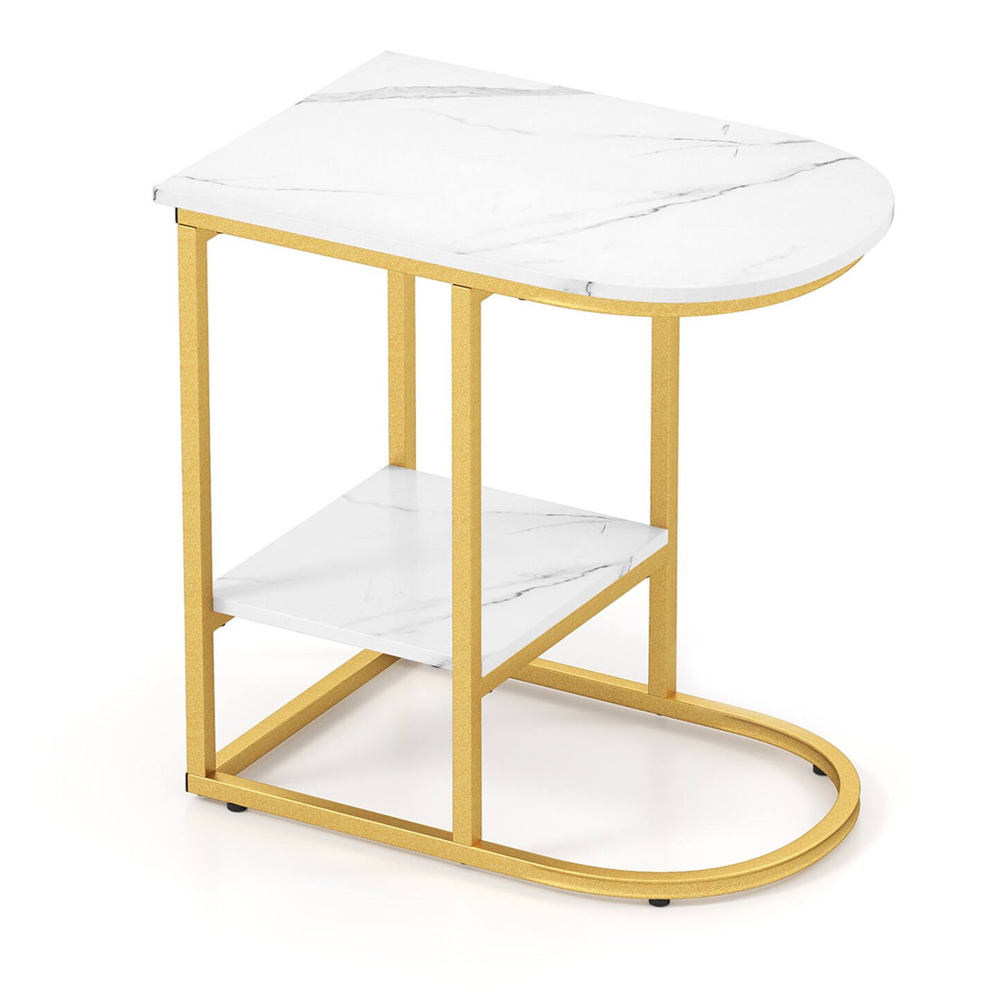Modern C-shaped Side Table with Faux Marble Top and 2-Tier Storage Shelf