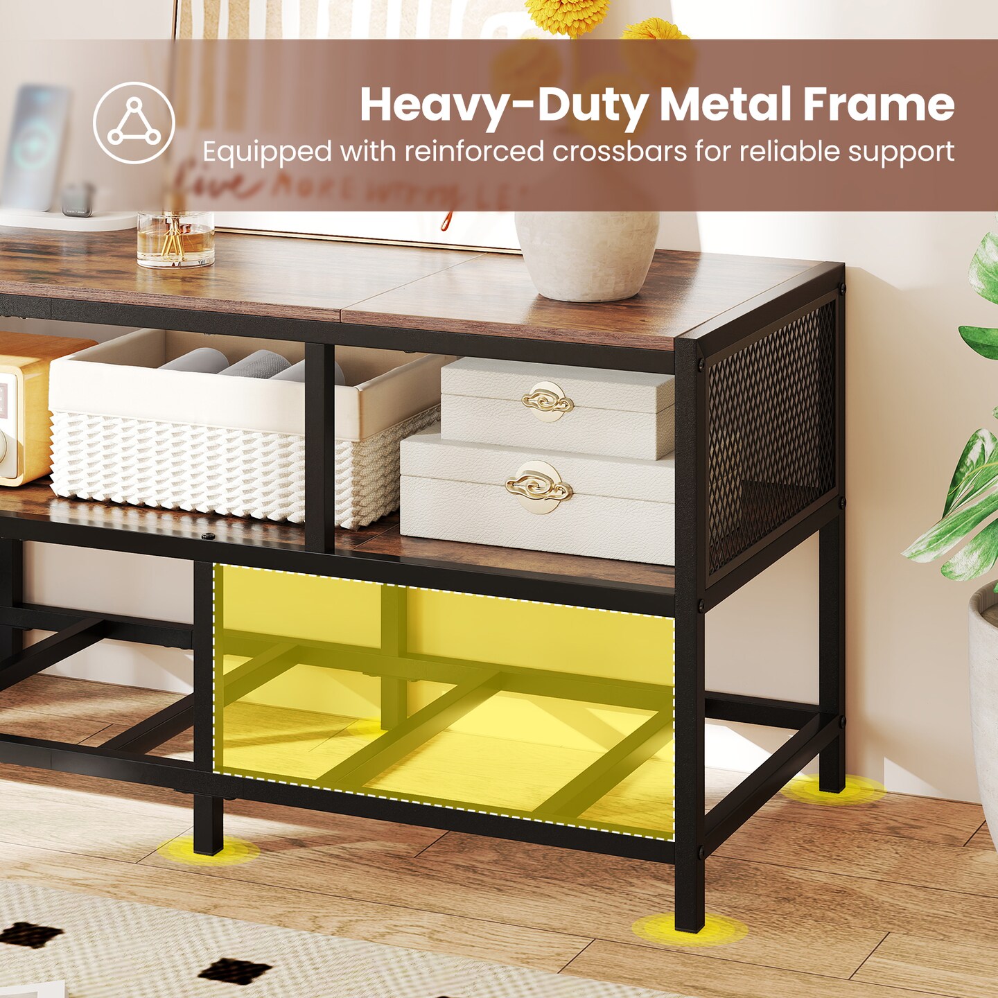 TV Stand with Charging Station, Metal Frame and Storage Drawers