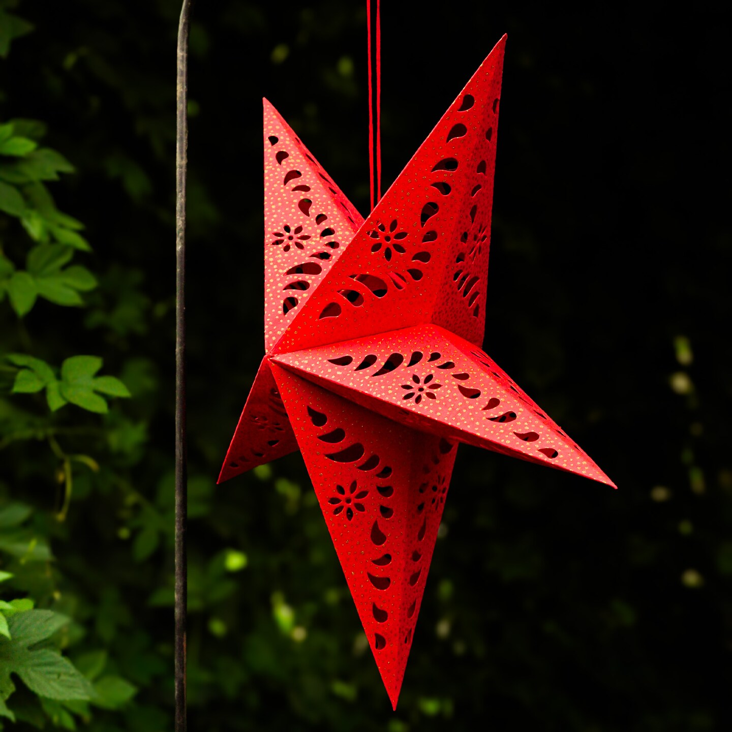 In the Breeze 9176 &#x2014; Red Paper Star Lantern &#x2014; Hanging Party and Home D&#xE9;cor with Painted Gold Accents &#x2014; Handmade, Dyed Paper