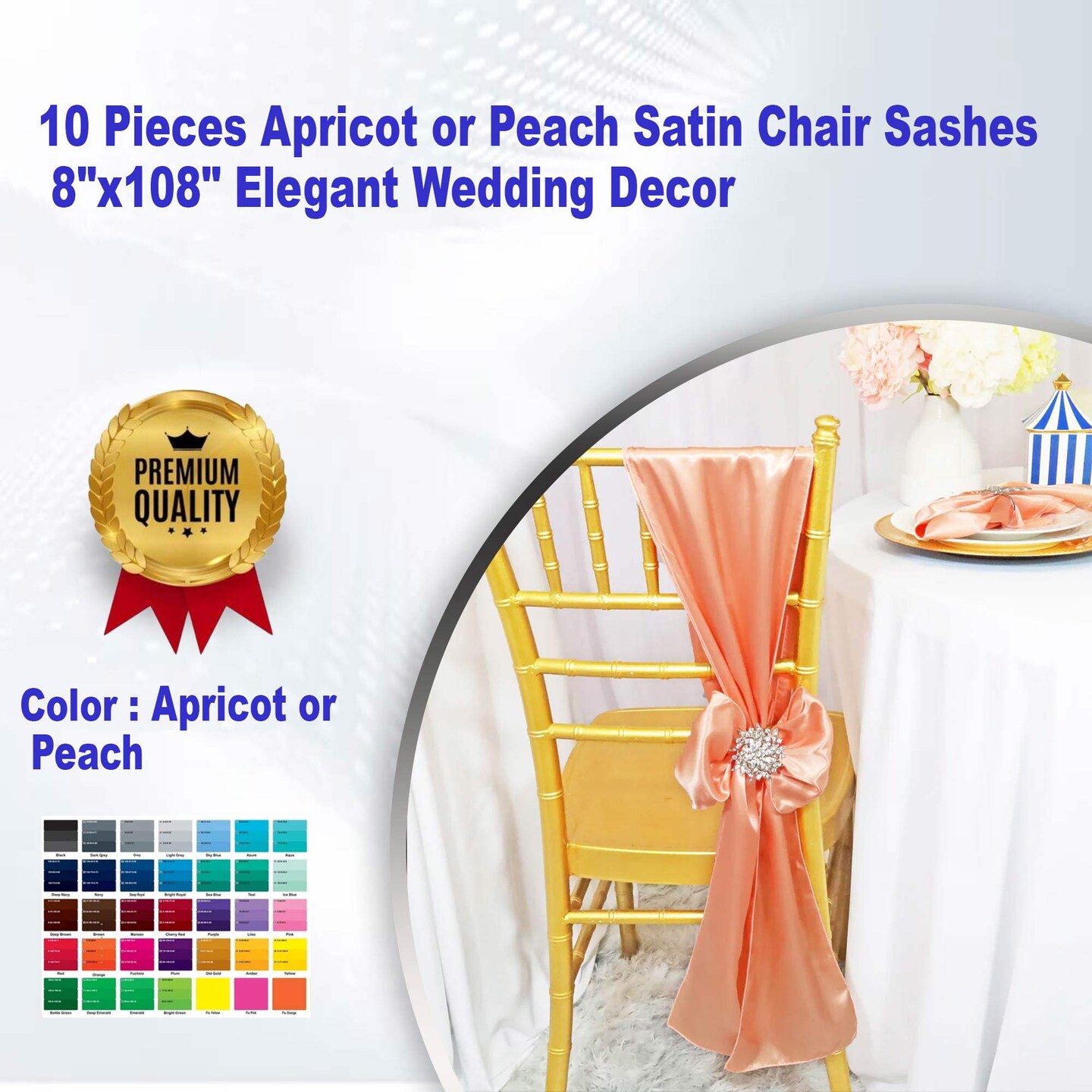 10 Pieces Apricot or Peach Satin Chair Sashes 8"x108" Elegant Wedding Decor