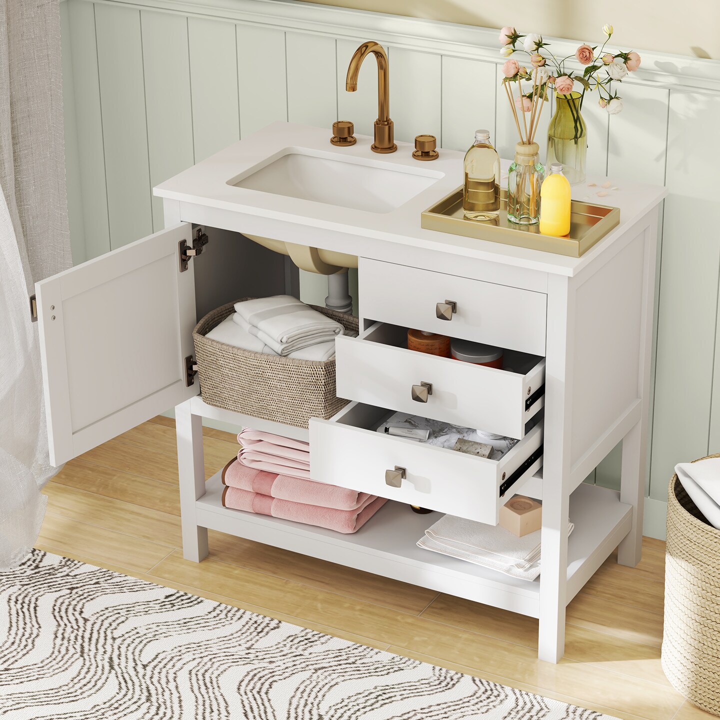 Bathroom Vanity Unit with Ceramic Sink Granite Countertop and Storage