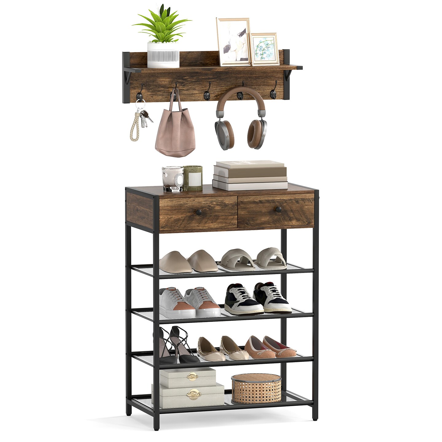 5-Tier Shoe Rack and Wall-Mounted Coat Hanger with Floating Shelf