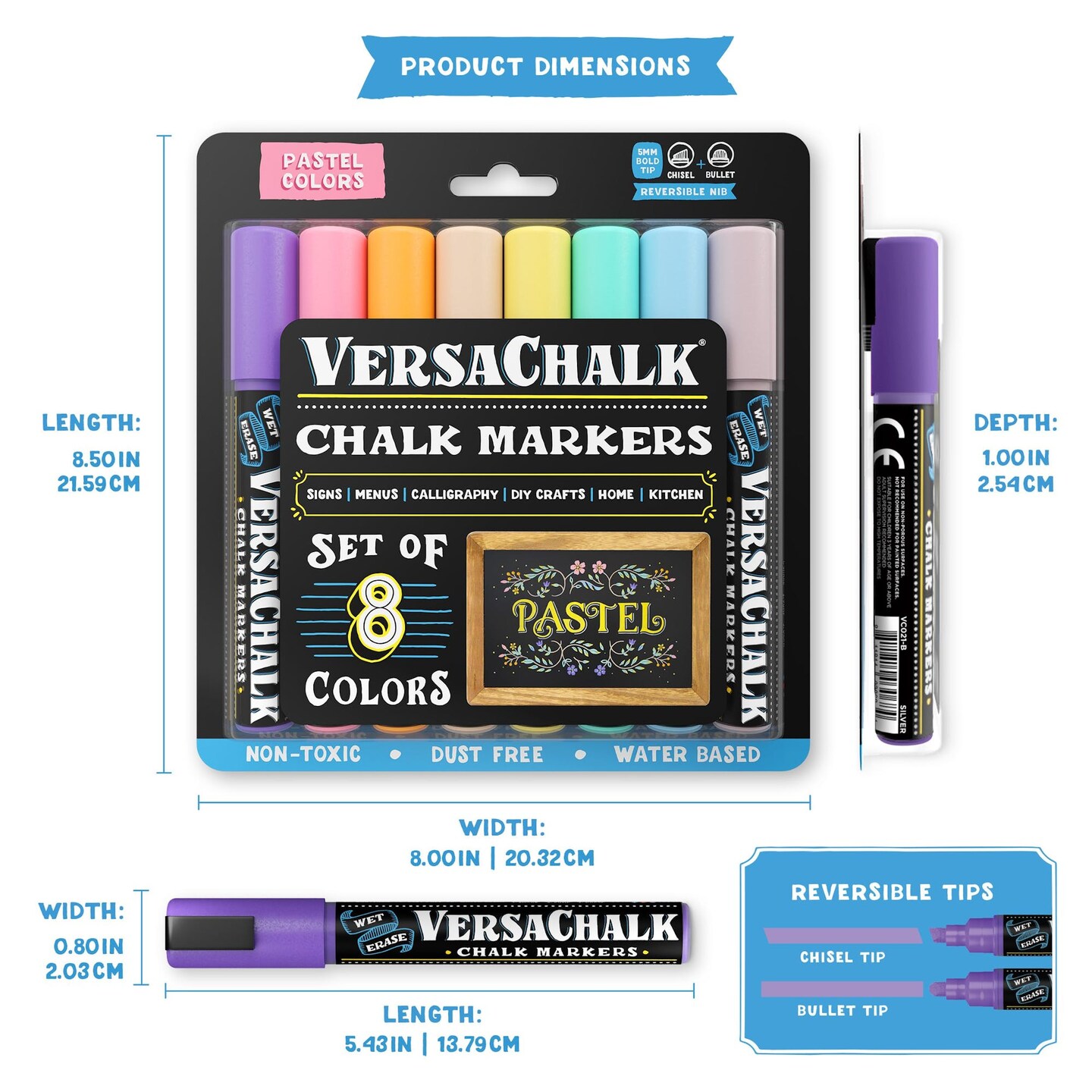 VersaChalk Pastel Liquid Chalk Markers, Set of 8- 5mm Tip
