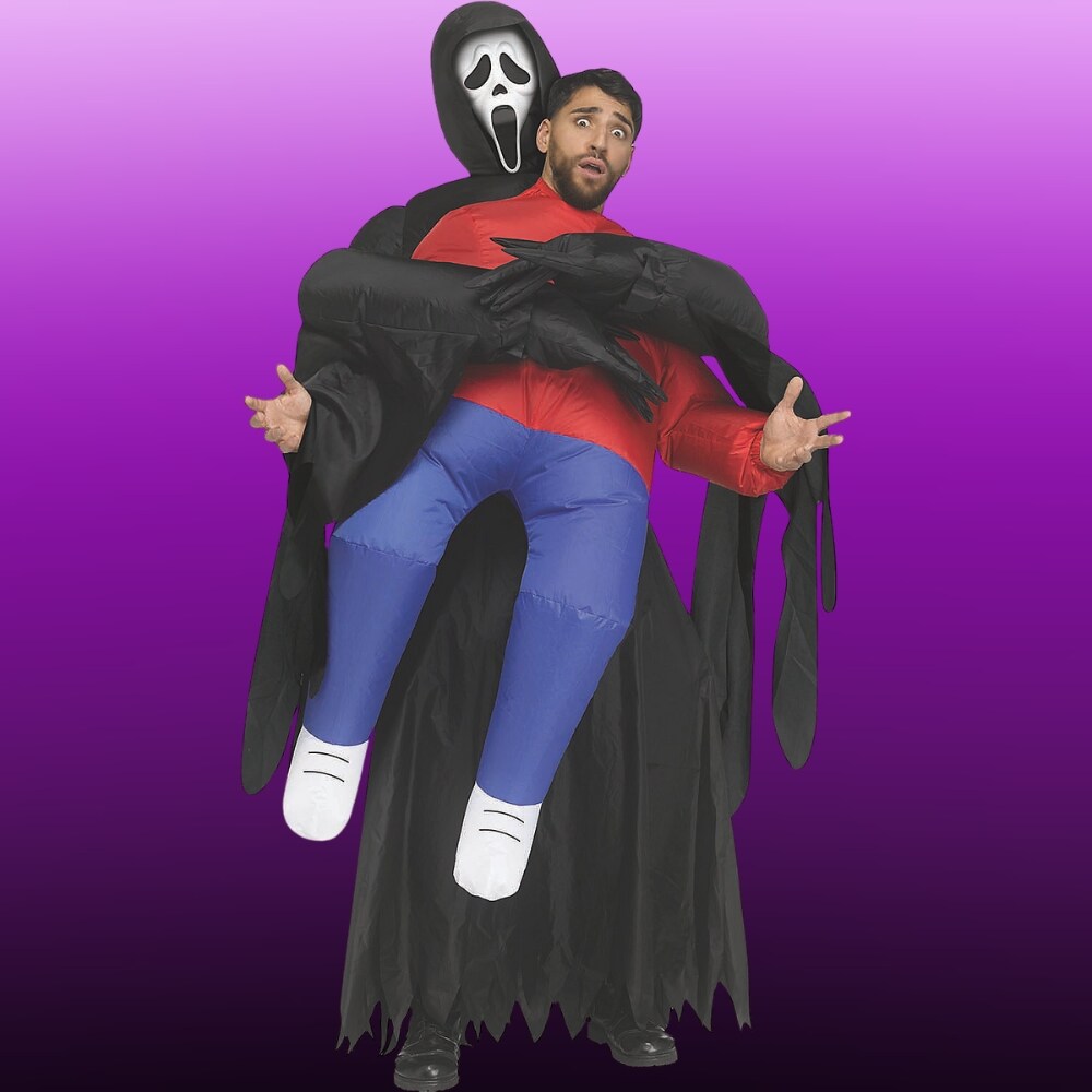 Adults Inflatable Piggyback Ghost Face Costume with Fan and Halloween Crowd