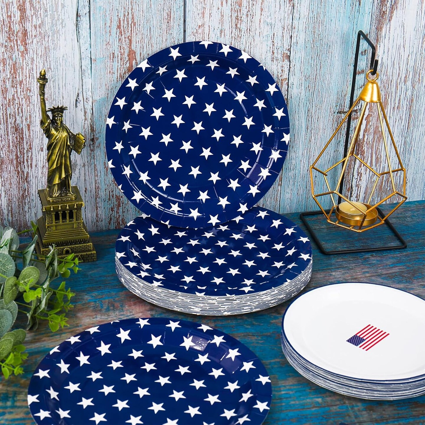 50PCS 250th Anniversary Patriotic Paper Plates Set – Red, White & Blue Star and American Flag Disposable 7” & 9” Plates for 4th of July, Independence Day & Memorial Day Party Decorations