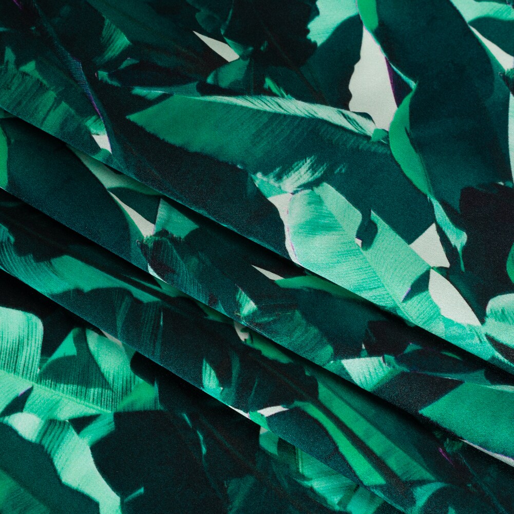 1 Yard Silk Charmeuse Fabric Dark Teal and Mint Green Tropical Leaves 44 inch Width