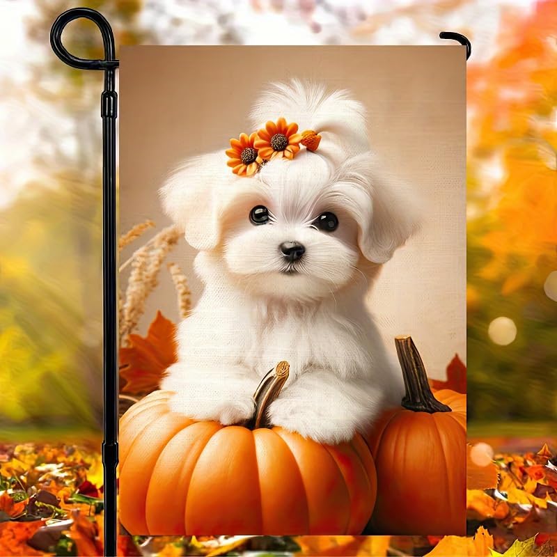 12x18 Inch - Happy Fall Dog Thanksgiving Garden Yard Flag (Maltese Dog)