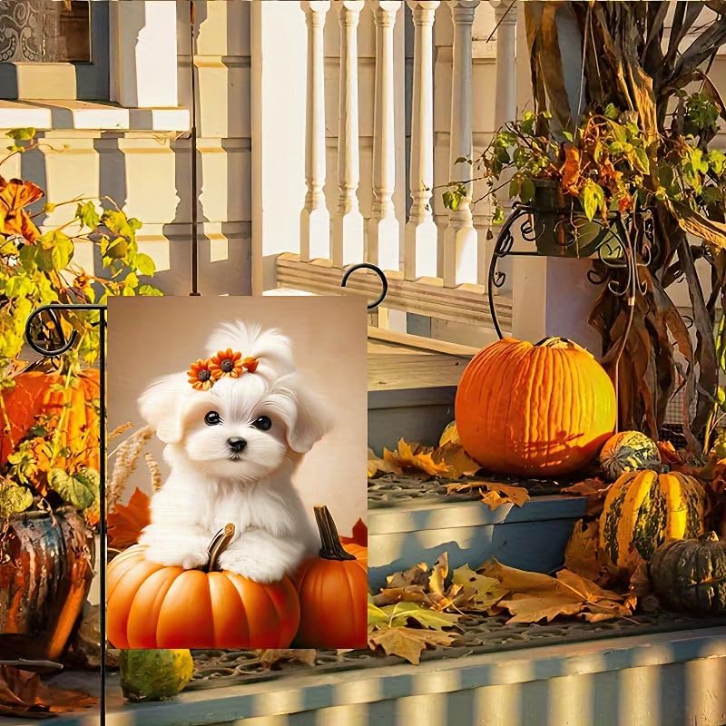 12x18 Inch - Happy Fall Dog Thanksgiving Garden Yard Flag (Maltese Dog)