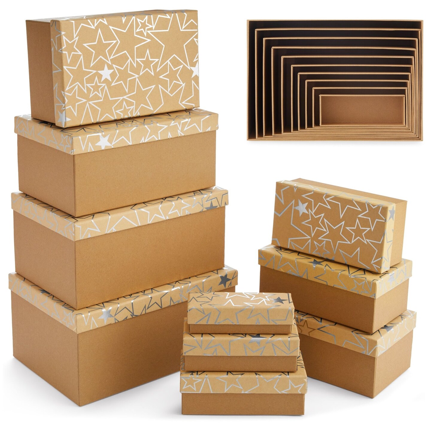 Set of 10 Nesting Gift Boxes with Lids, Cardboard Box with Silver Foil Star Designs (10 Sizes)