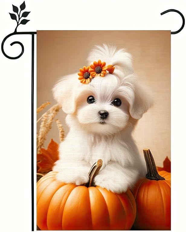 12x18 Inch - Happy Fall Dog Thanksgiving Garden Yard Flag (Maltese Dog)
