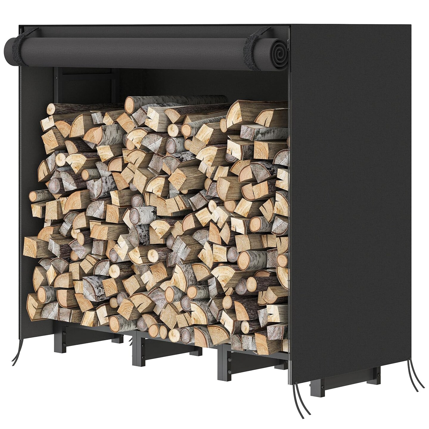 Heavy Duty Log Rack with Cover, Adjustable Firewood Storage Stand Black ...