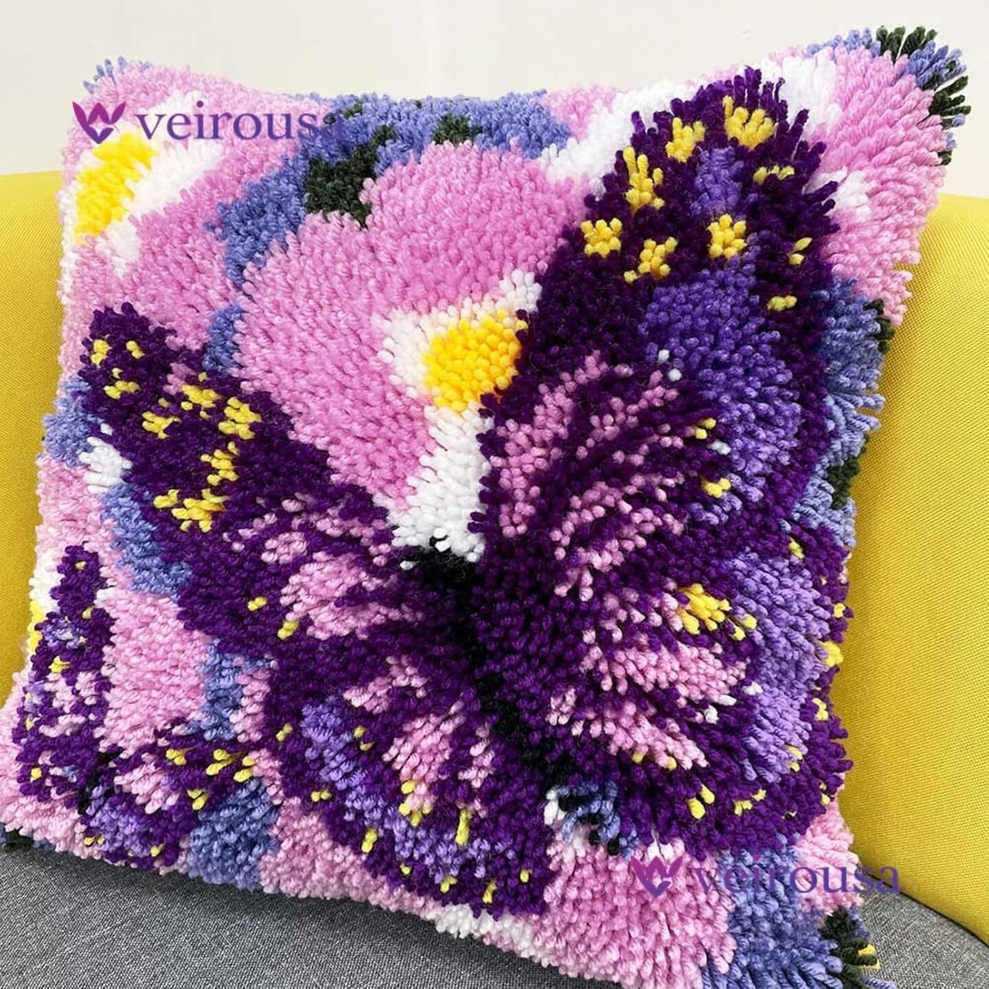 Butterfly & Floral Latch Hook Pillow Kit – DIY Crochet Cushion Kit for Adults & Beginners with Pre-Printed Canvas, Yarn, Hook & Velvet Pillow Insert, 17x17 in – Home & Sofa Decor