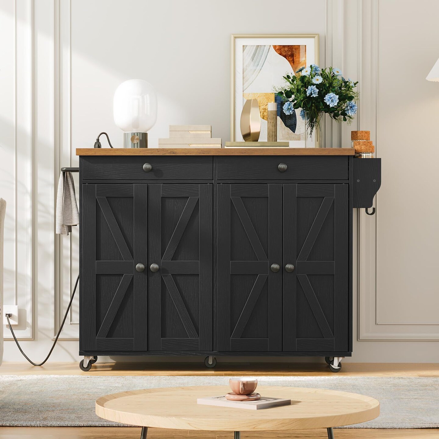 Brown Rolling Kitchen Island with Power Outlet, 2 Drawers, Cabinets