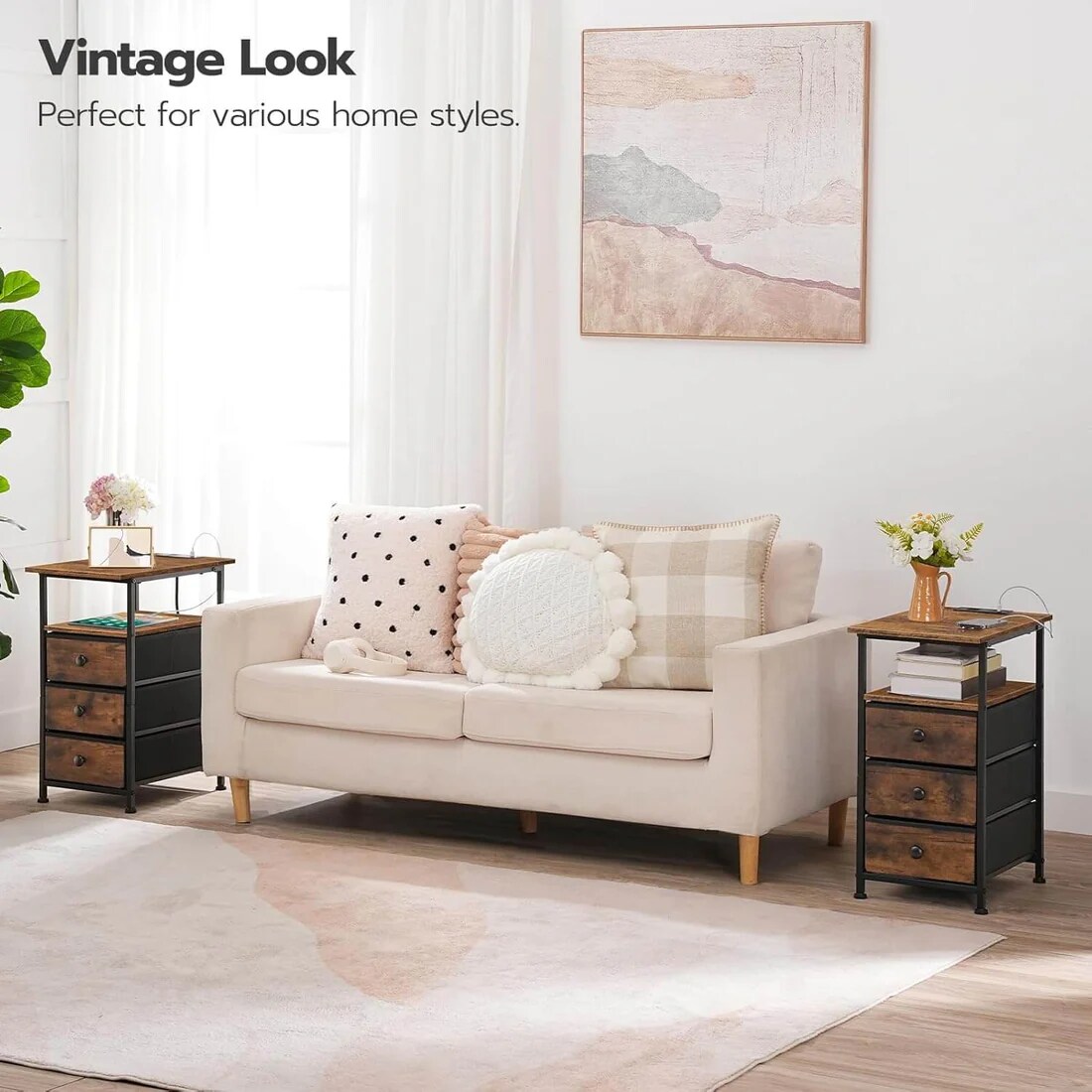 Bedside Table 3 Drawers Charging Station Storage Side Table Brown