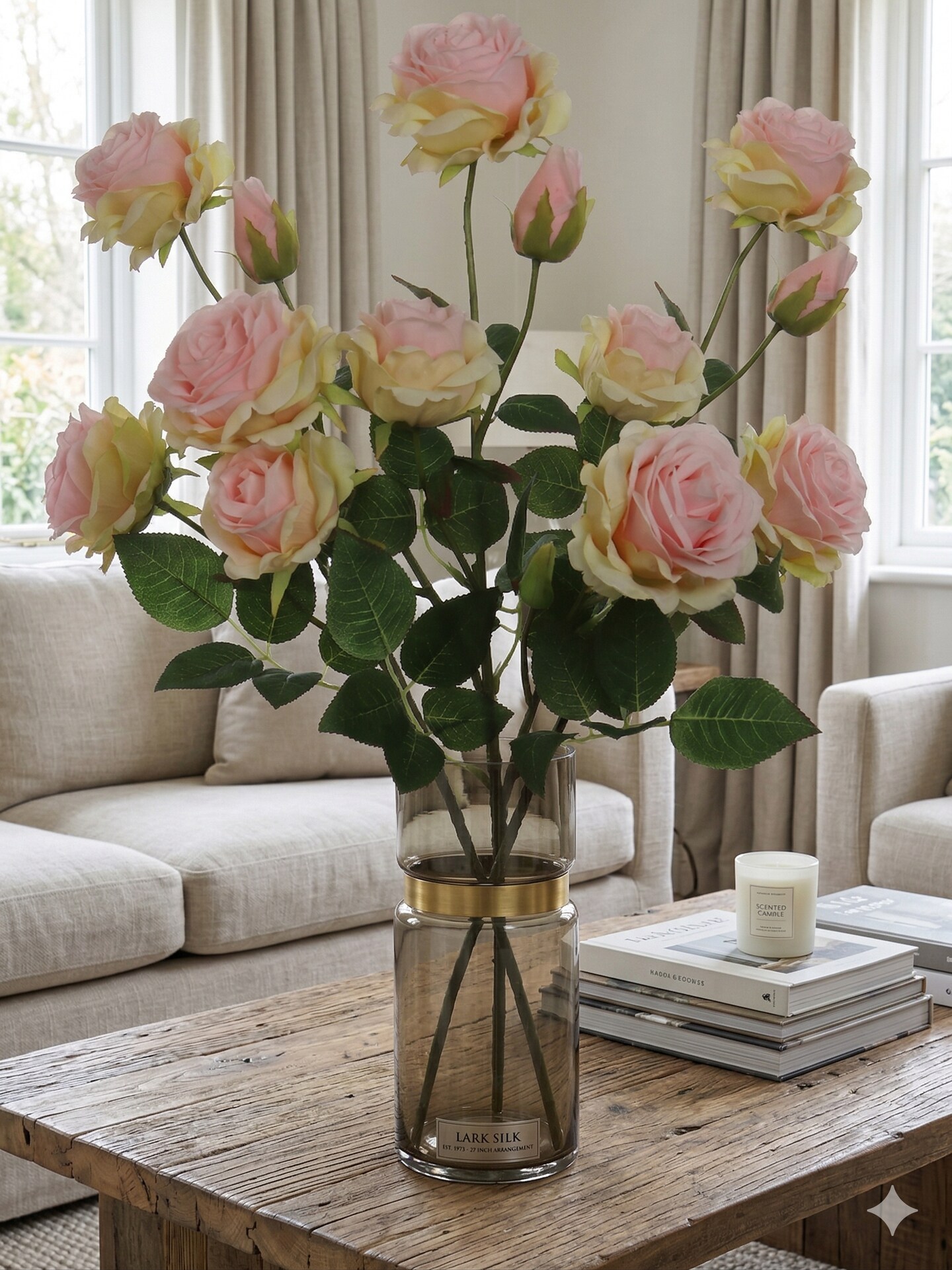 Pink & Green Rose Spray: Set of 12, 27-Inch, Silk Roses by Floral Home®