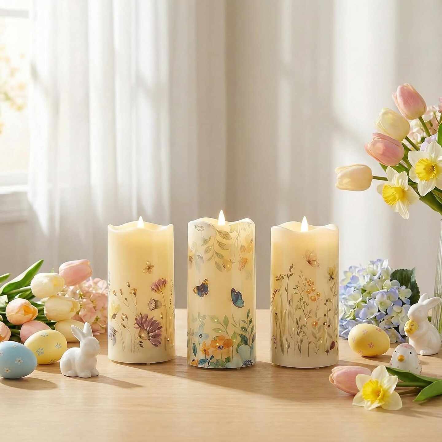 Flameless Pillar Candles Set of 3 with Remote Butterfly Floral LED 3x6 Battery Operated