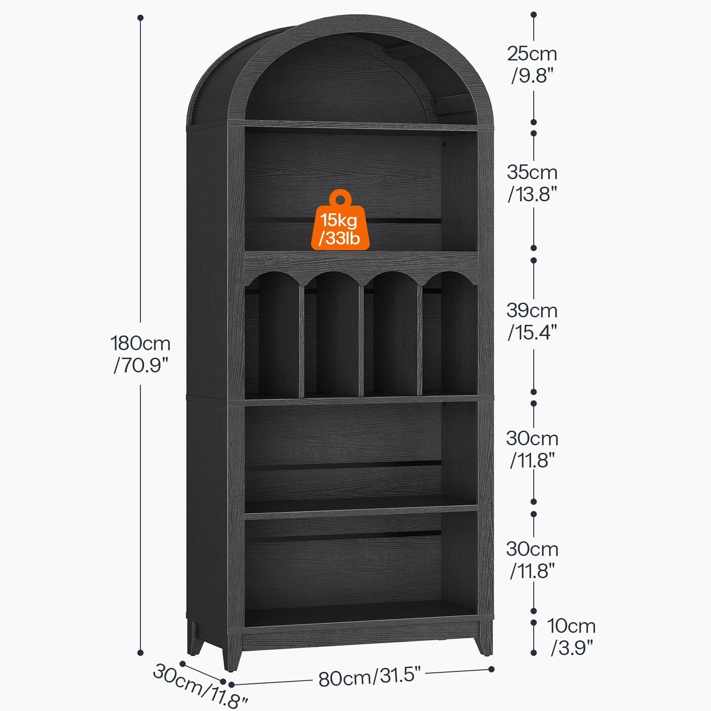5-Tier Arched Bookshelf, Tall Storage Display Shelf, Black Bookcase