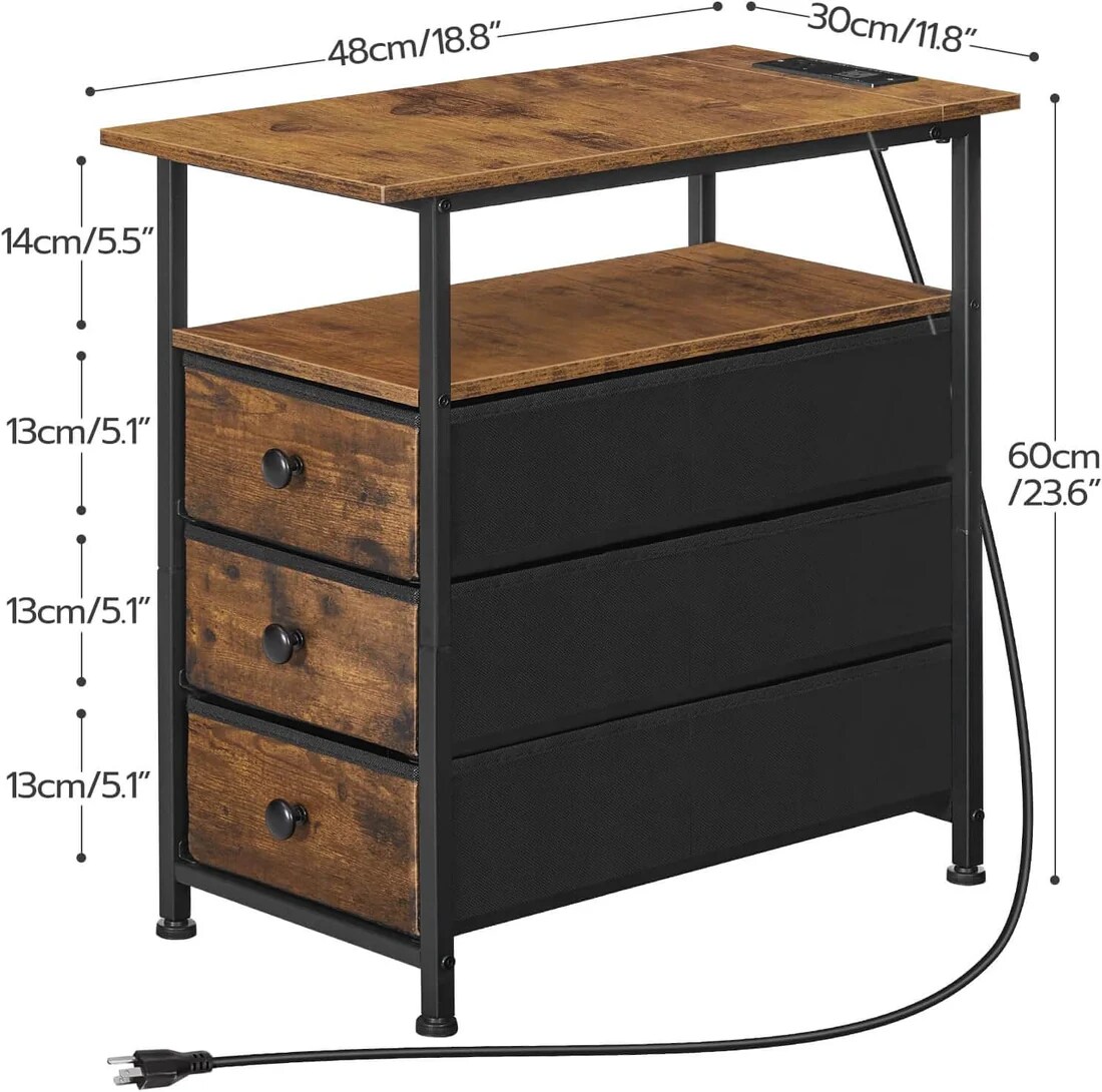 Bedside Table 3 Drawers Charging Station Storage Side Table Brown