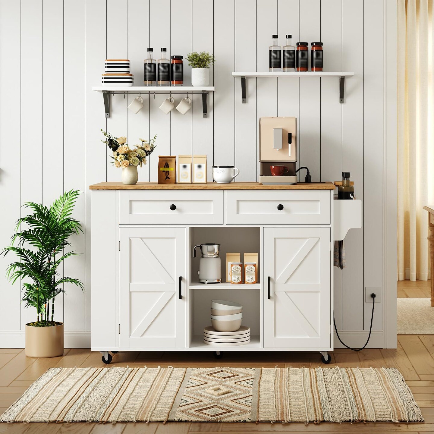 Rolling Kitchen Island with Drop Leaf Table, USB Outlet, Storage