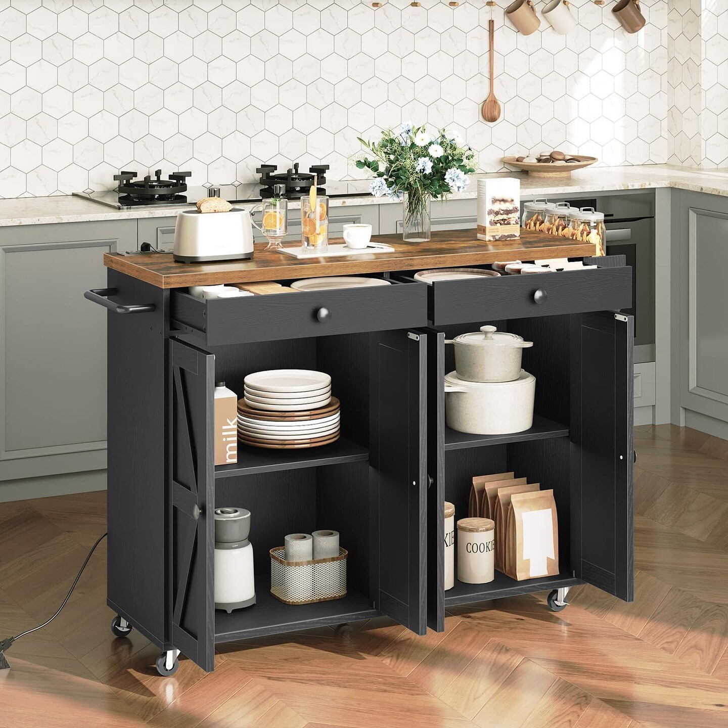 Brown Rolling Kitchen Island with Power Outlet, 2 Drawers, Cabinets