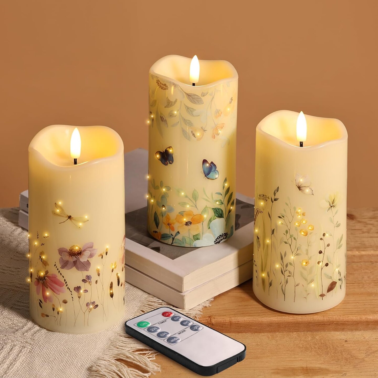Flameless Pillar Candles Set of 3 with Remote Butterfly Floral LED 3x6 Battery Operated