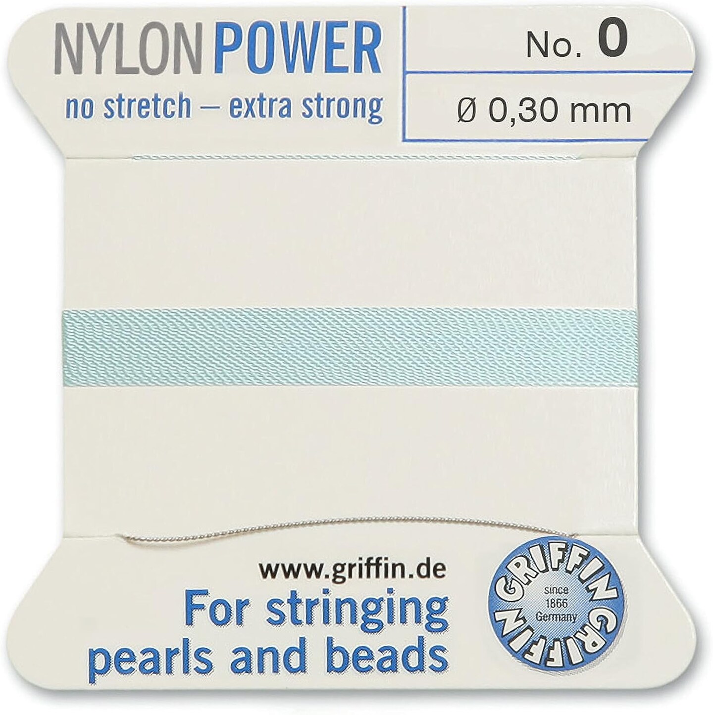 Griffin Nylon Bead Cord Perlseide – Size 0 (0.30mm) – 2 Meters per Card – Stainless Steel Needle Attached – for Knotting Pearls, Gemstones, Crystals and Beads