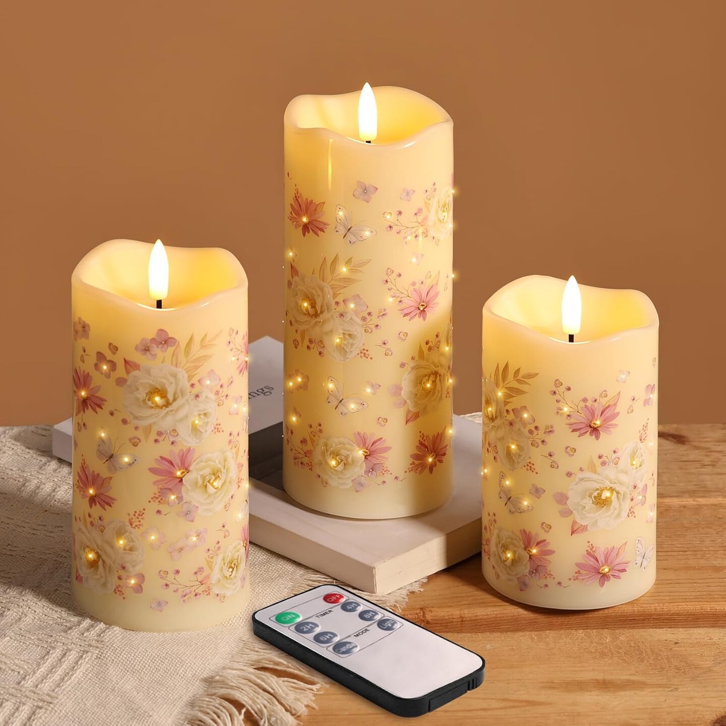 Fiber Optic Flameless Pillar Candles Set of 3 with Remote Floral Butterfly LED Flickering Easter Decor