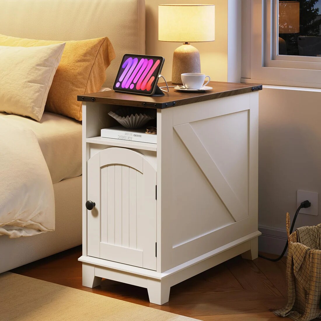 Nightstand with Charging Station Cabinet Storage Side Table White