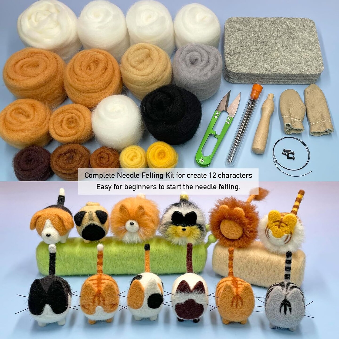 Needle Felting Kit for Beginners – DIY Adult Craft Set with Felting Wool, Needles & Tools | Make Faceless Animals, Cats & Dogs | 12-Piece Hobby Kit
