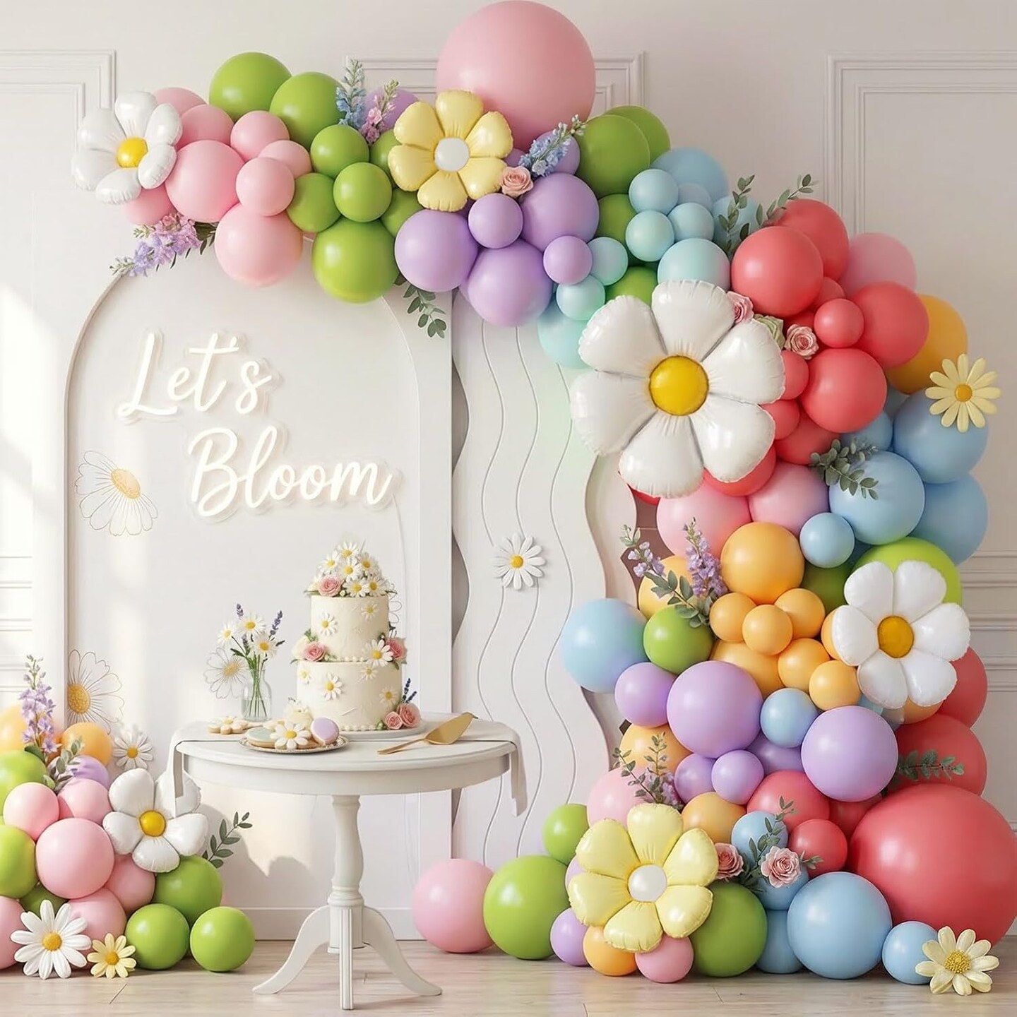 Greentek; Pastel Daisy Balloon Arch Kit with Pink Yellow Green Blue Red and Purple Balloons, Rainbow Flower Balloon Garland for Spring Baby Shower, Easter, Tea Party and Two Groovy Birthday Decorations; Category:Balloon Accessories; Image:1