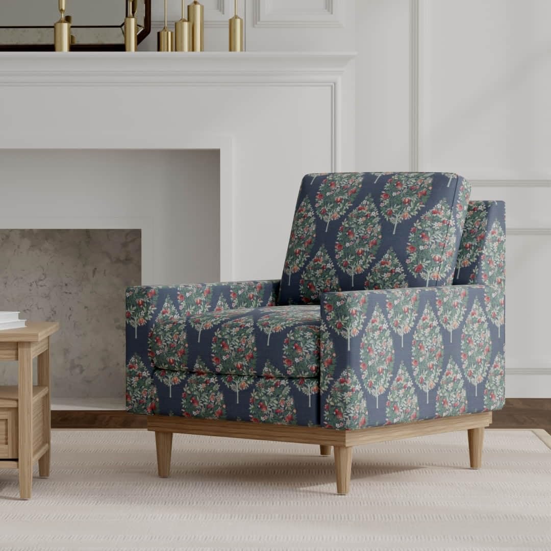 Blue Stain Resistant Performance Floral Print Upholstery Fabric by The Yard - SKU: Hayward Navy