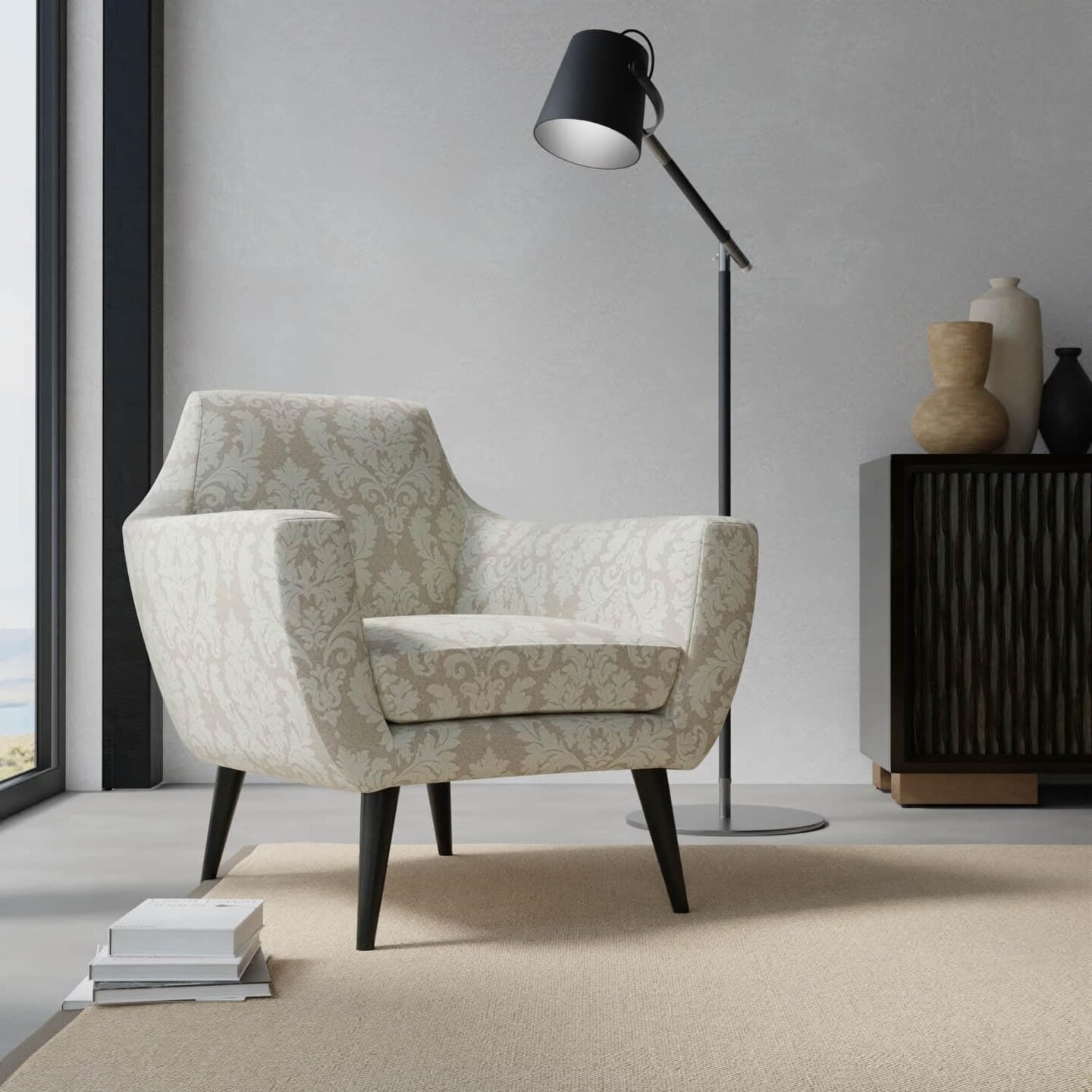 Natural Damask Woven Pattern Upholstery Fabric by The Yard - SKU: Huey Beige