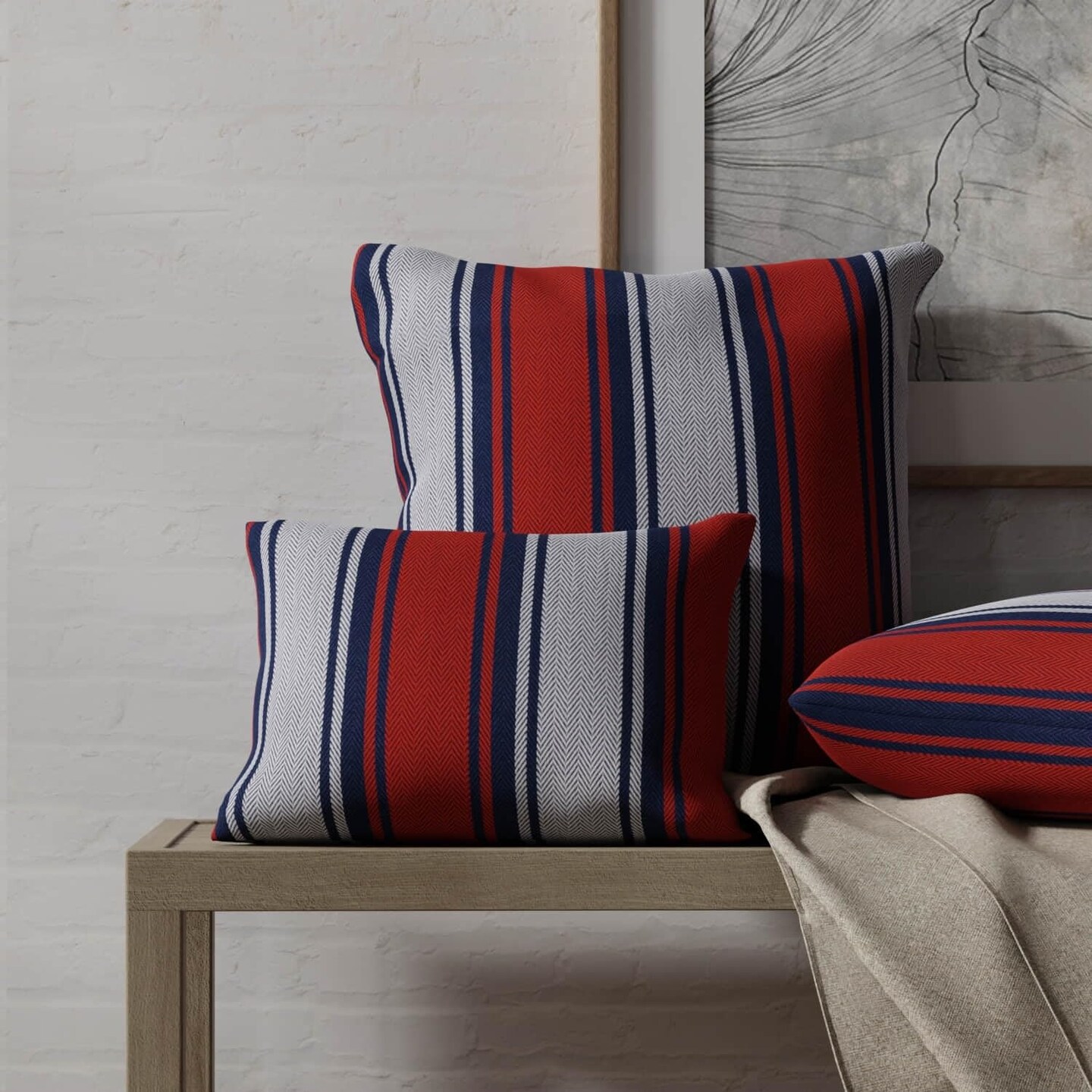 Blue Red Stain Resistant Performance Pet Friendly Stripe Woven Pattern Upholstery Fabric by The Yard - SKU: Amalfi Tomato