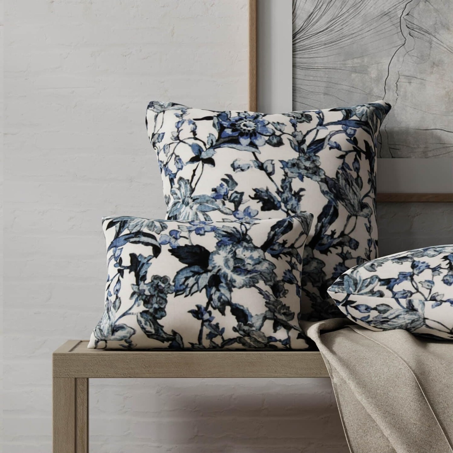 Blue Stain Resistant Performance Pet Friendly Floral Print Upholstery Fabric by The Yard - SKU: Titus Sapphire
