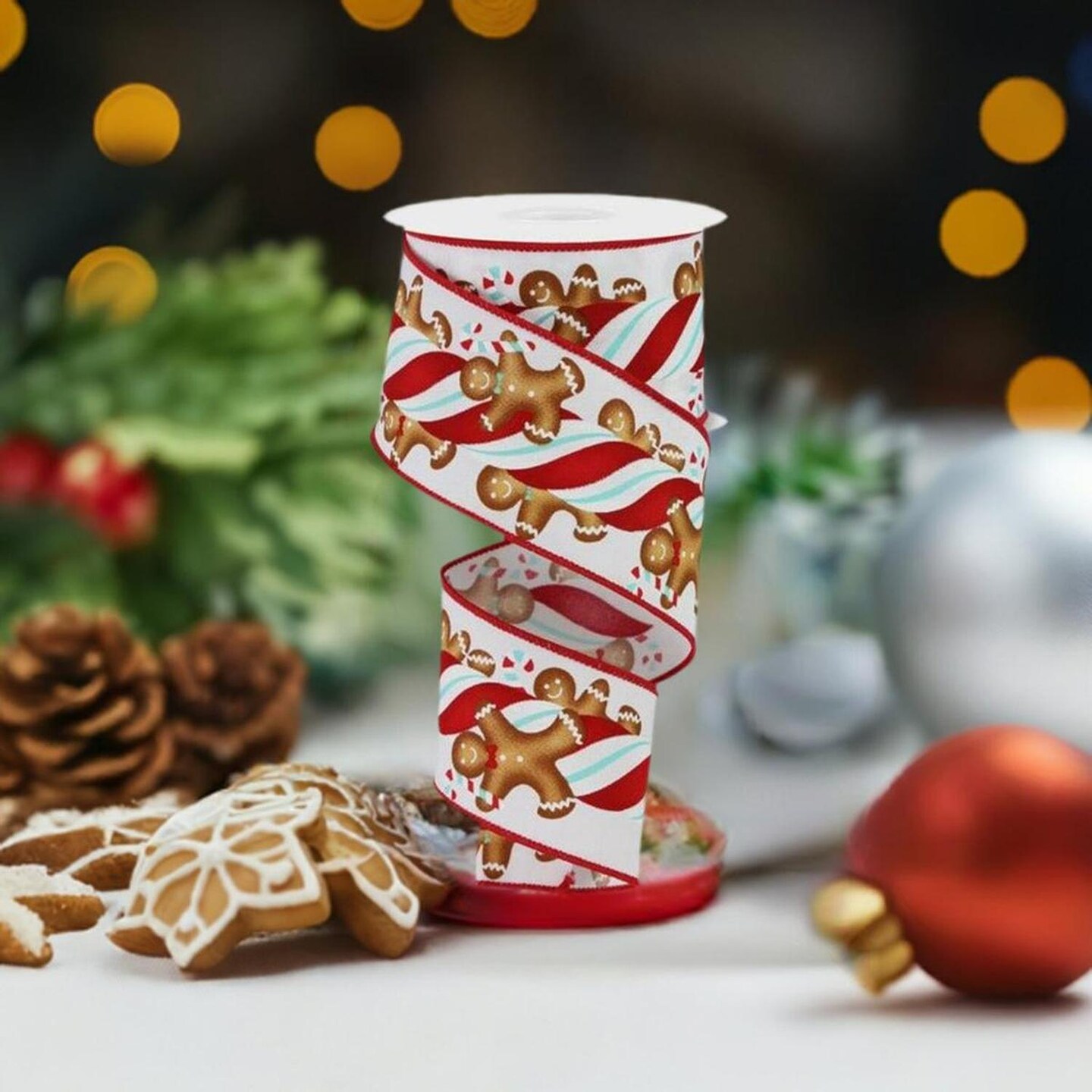 2.5" Gingerbread Kids Candy Ribbon: White/Ice Blue (10 Yards)