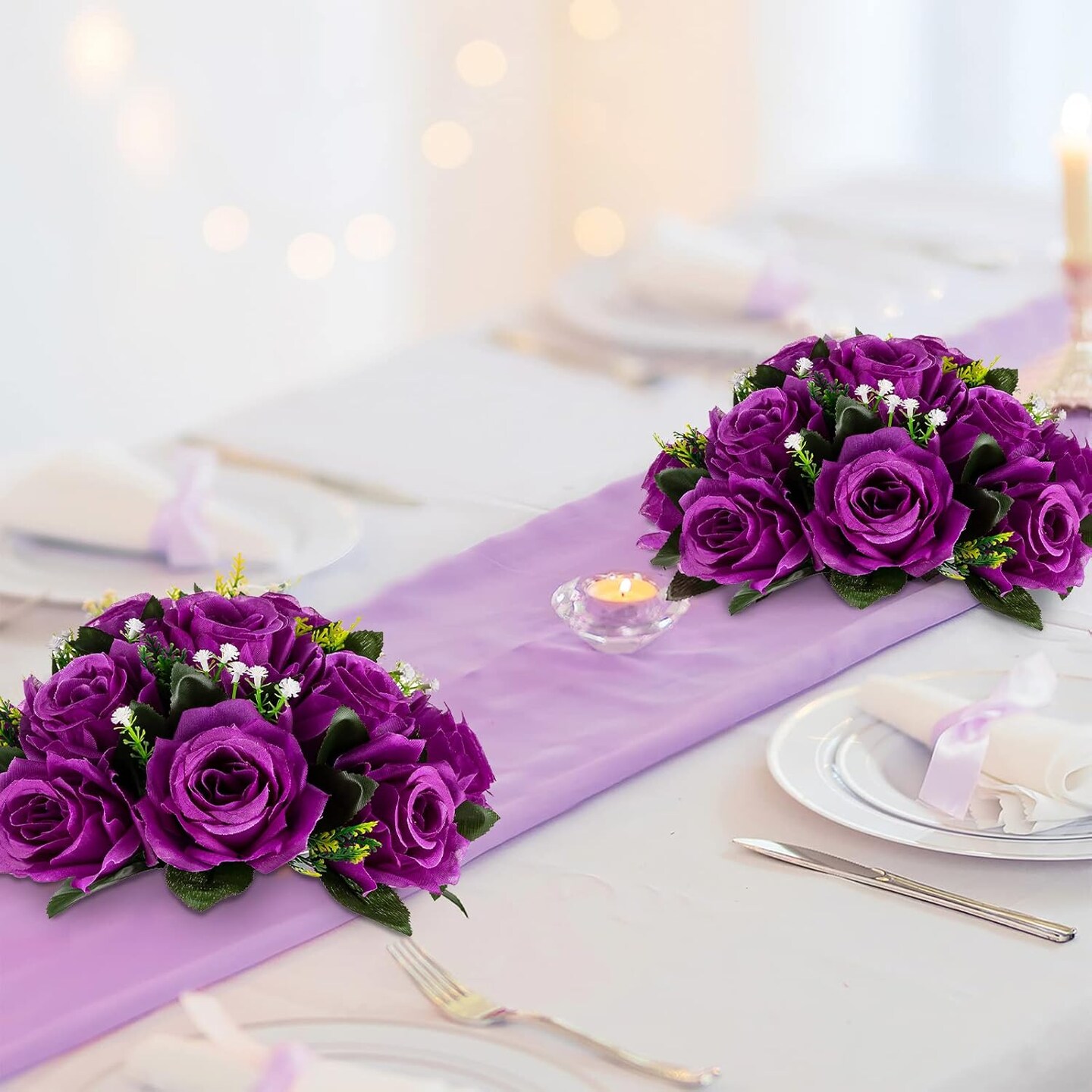 10pcs Purple Rose Flower Balls &#x2013; Artificial Wedding Centerpieces with Bases for DIY Decor (Purple)