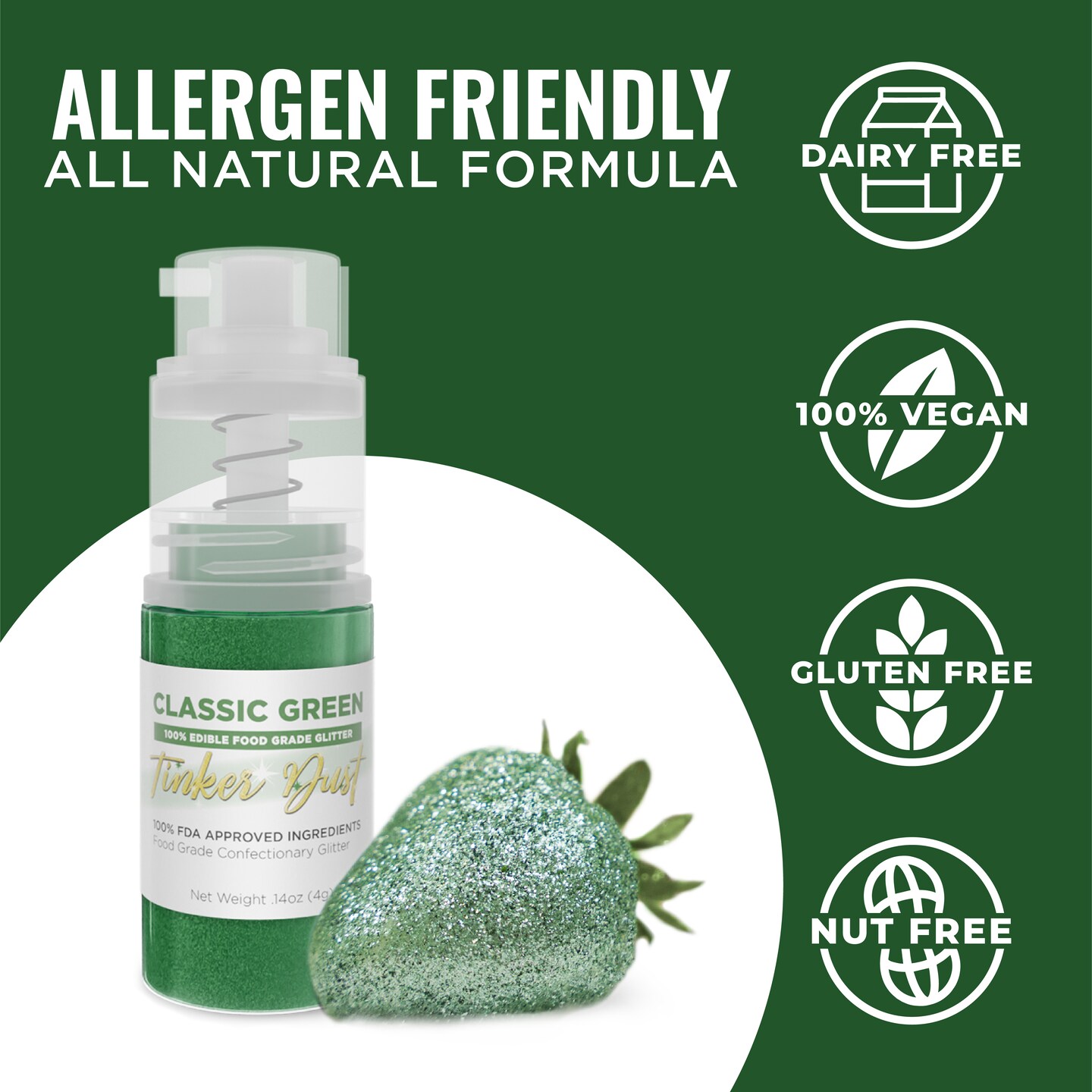 Bakell - Classic Green Tinker Dust Edible Glitter (4g, 1x Spray Pump) for Food, Desserts, and Beverages!