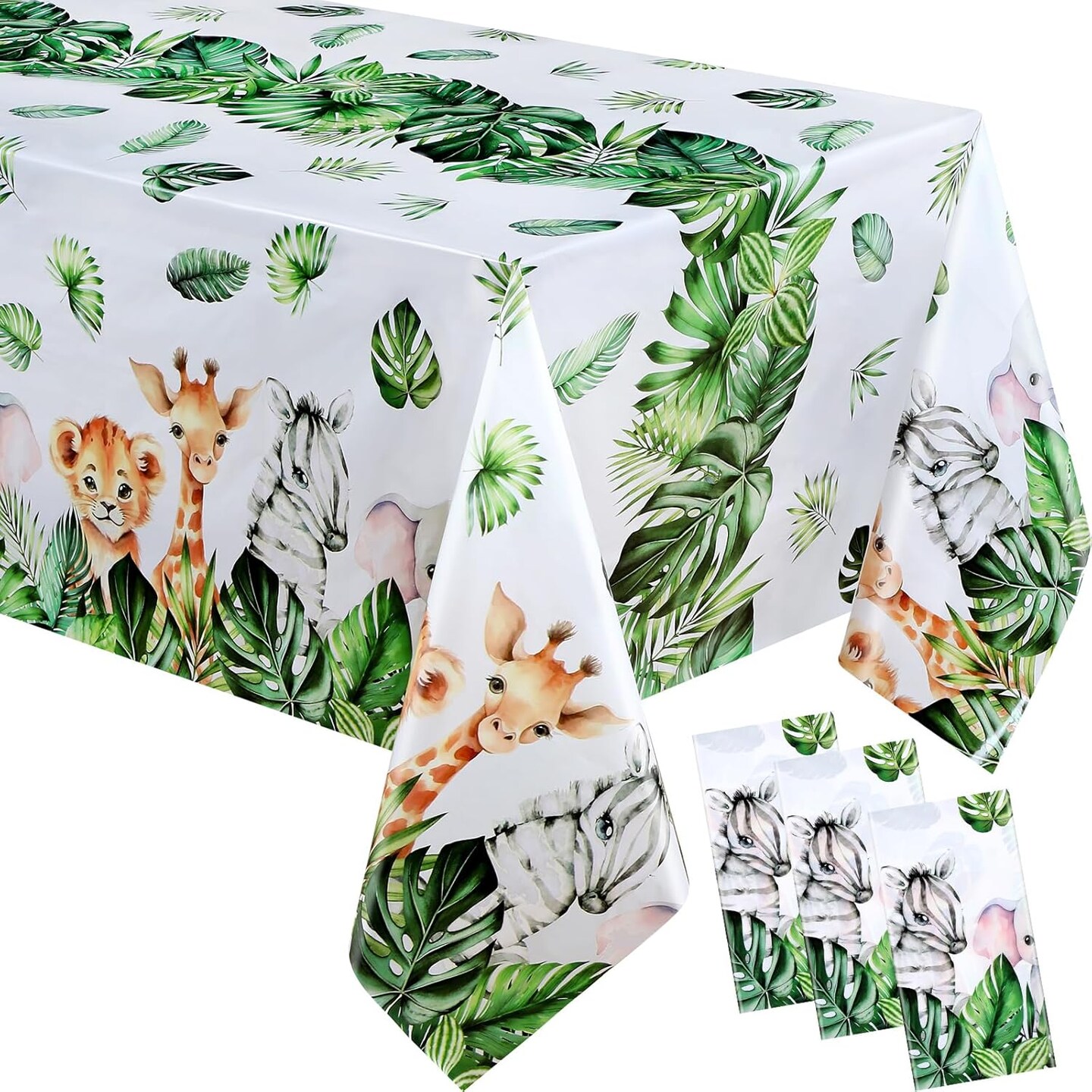 3 Pieces Jungle Safari Tablecloths Wild Animals Plastic Table Cover Palm Leaves Hawaiian Luau