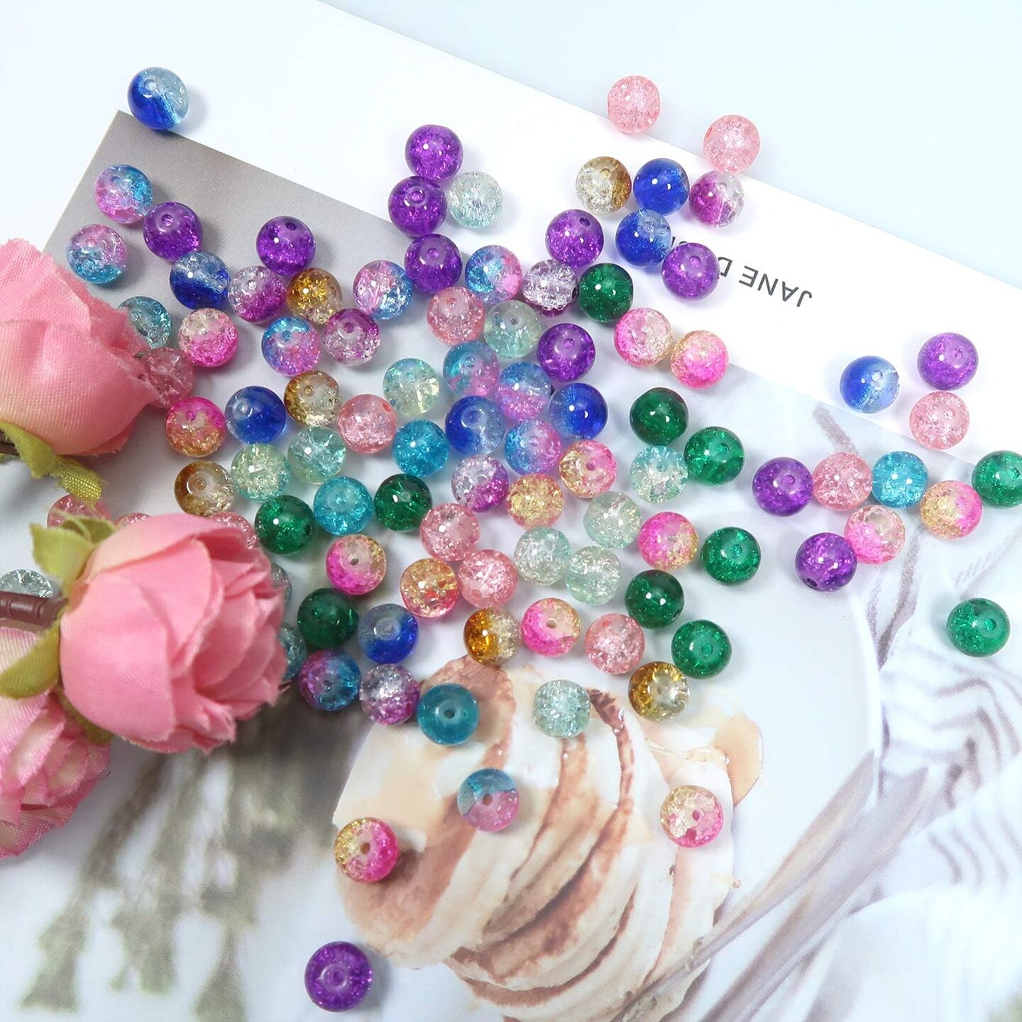 200pcs 8mm Glass Beads for Jewelry Making Crackle Glass Lampwork Beads Round Loose Spacer Bead Supplies for DIY Crafts Bracelets Necklaces