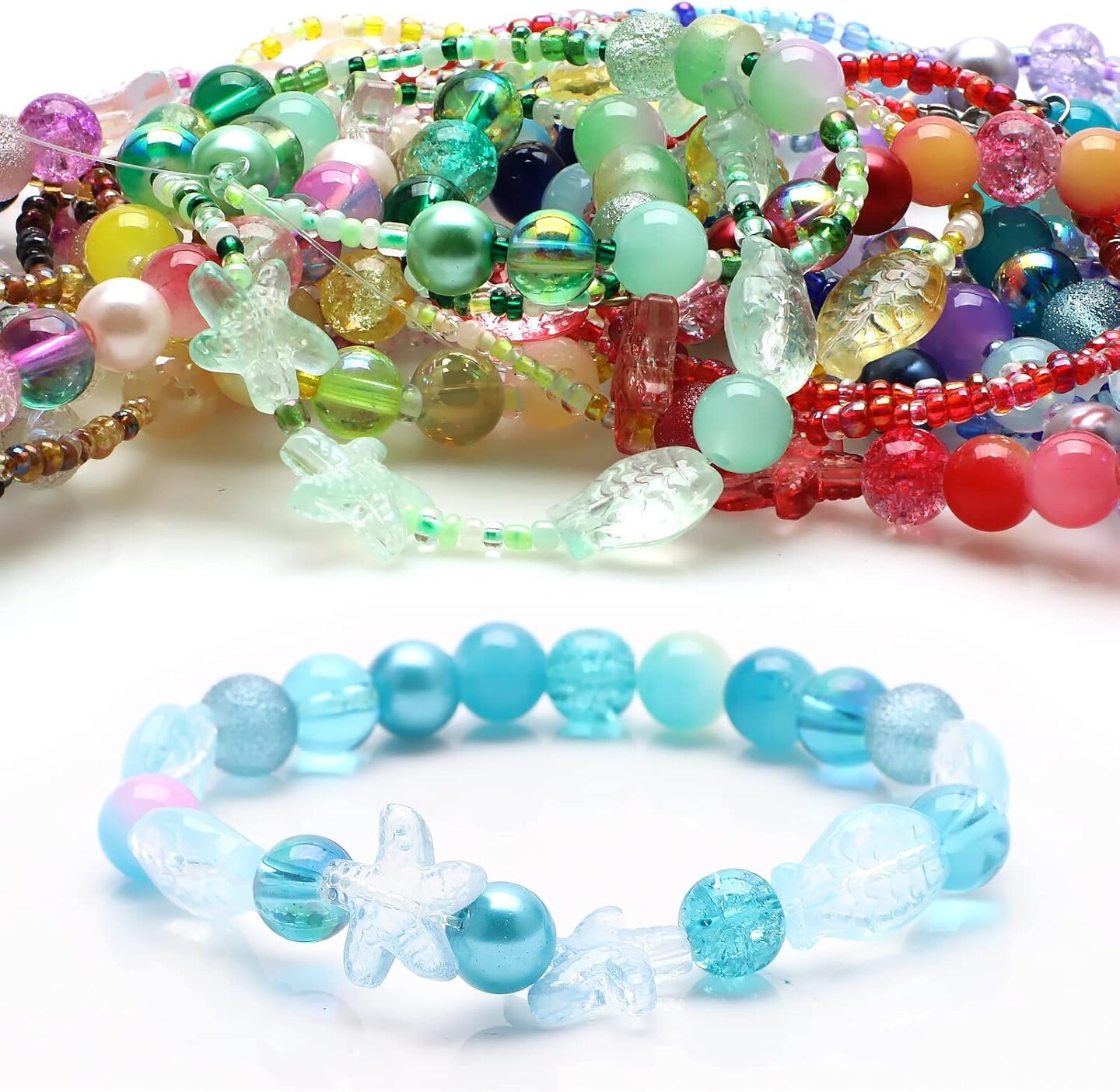 Versatile Glass Beads for Bracelet Making, 240pcs Colorful 8MM Assorted Beads with Star and Seed Varieties, Lake Blue Crystal