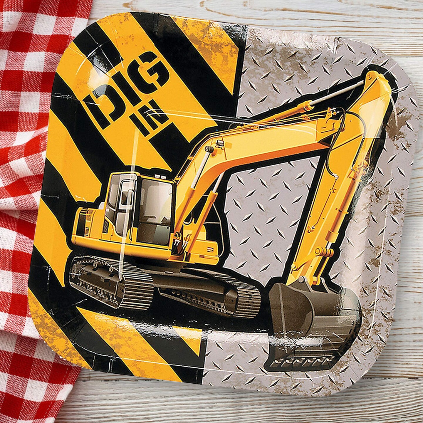 8 Ct. Construction Zone Excavator Square Paper Dessert Plates 7" “Dig In Party Plates