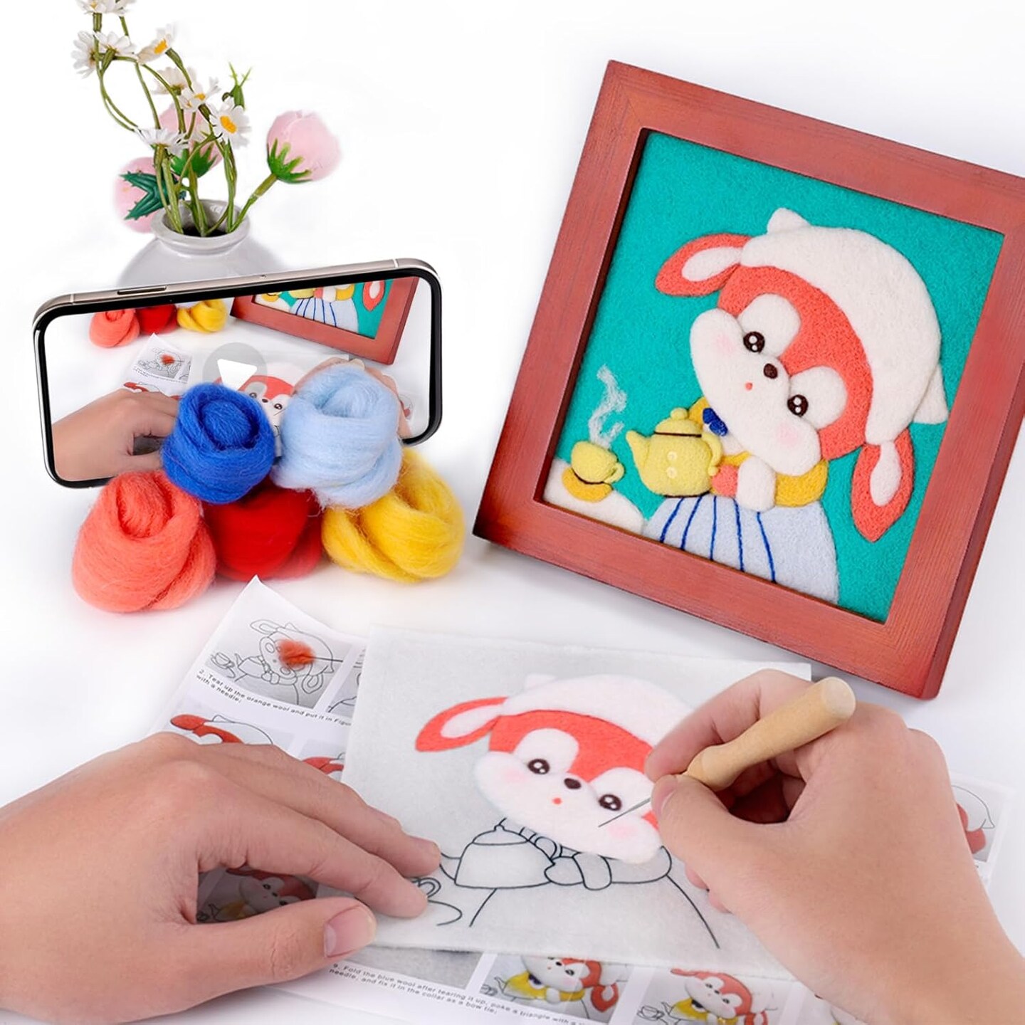 Needle Felting Starter Kit for Beginners Adults - All-in-One Wool Craft Set with Needles, Foam Pad, Frames &#x26; Step-by-Step Guide - DIY Supplies for 3D Animals, Home Decor &#x26; Unique Gifts