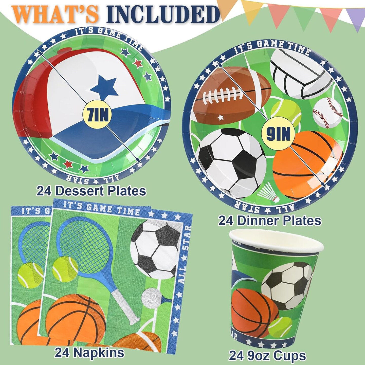 Sports Themed Party Decorations (Serves 24) Dinner Plates, Dessert Plates, Cups, Napkins. Sports Baby Shower[Multiple]
