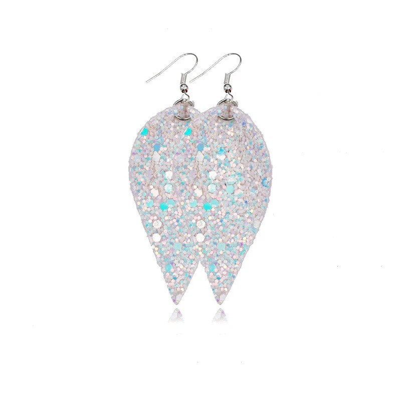 Sequined Leaf Teardrop Leather Earrings Boho Hook Drop Dangle Jewelry