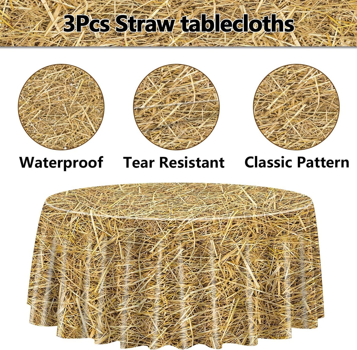 3Pcs Straw Tablecloth - 84 inch Straw Table Cover Waterproof Farm Table Cloth Hay Stacks